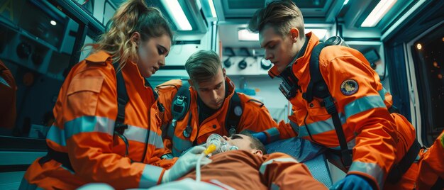 Photo les ambulanciers fournissent une assistance médicale à un patient blessé sur le chemin de l'hôpital les assistants de soins d'urgence portent un masque de ventilation non invasif dans une ambulance