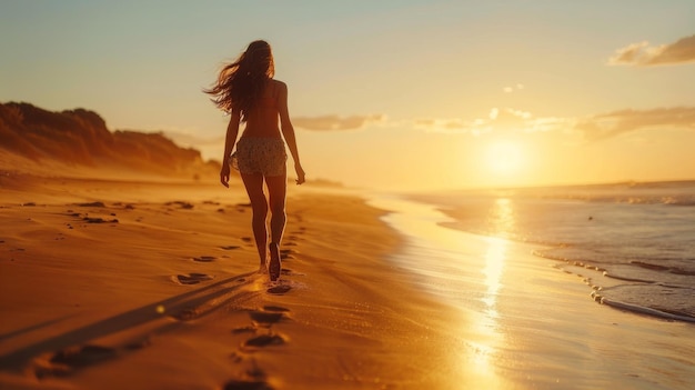 Une âme insouciante saute le long d'une plage de sable