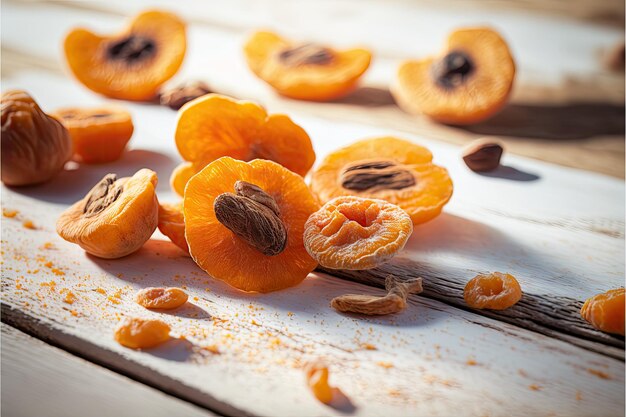 Photo aménagé sur une table en bois clair abricots secs pour un excellent petit déjeuner