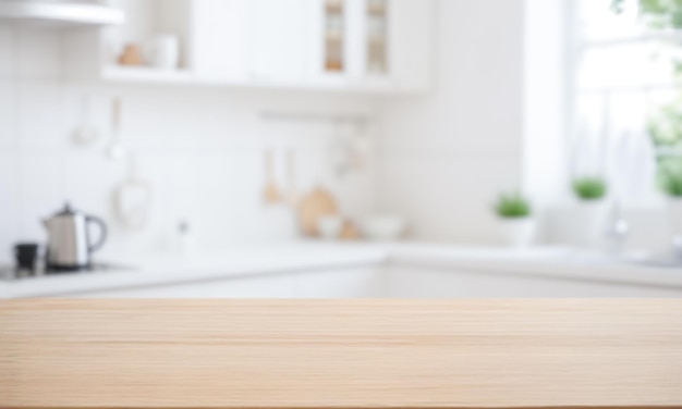 aménagement de cuisine lumineux se concentrer sur le comptoir en bois vide démonstration de marchandises appareils brouillés arrière-plan décoration de la maison de style minimaliste publicité de produits culinaires