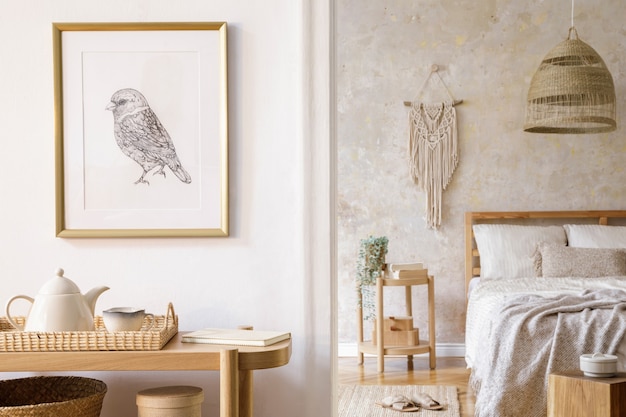 Aménagement intérieur de la chambre avec cadre photo, console en bois, plantes, horloge, table basse, décoration en rotin et accessoires élégants dans une décoration élégante.