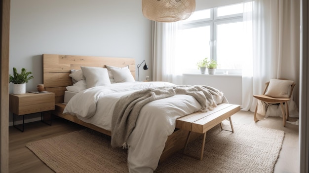 Aménagement intérieur de la chambre de style scandinave avec lit