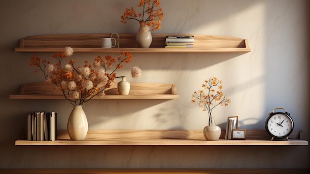 Aménagement intérieur du salon avec étagère en bois Décoration murale avec horloge