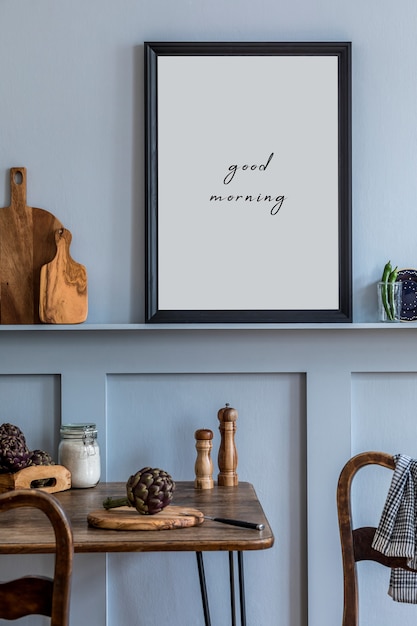 Aménagement Intérieur De L'espace Cuisine Avec Cadre Photo, Table En Bois, Herbes, Légumes, Fruits, Nourriture Et Accessoires De Cuisine Dans Un Décor Moderne.