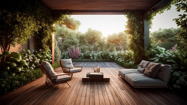 Aménagement Intérieur D'un Jardin Extérieur Somptueux Le Matin Avec Une  Terrasse En Teck Et Une Pergola Noire Scène Le Soir Avec Des Canapés Et Des  Chaises Longues Au Bord De La Piscine