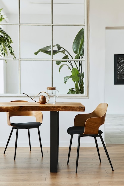 Aménagement intérieur de la salle à manger avec une table familiale en bois artisanale élégante, des chaises, un grand nombre de plantes, une fenêtre, une carte et des accessoires élégants dans un décor de maison moderne.