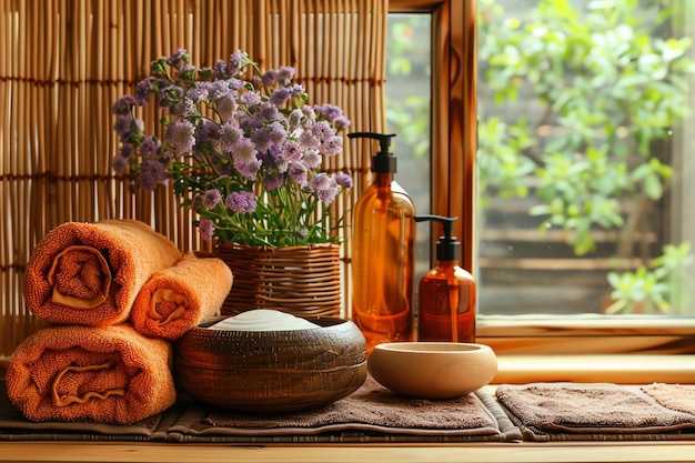 Photo aménagement spa avec des fleurs, des orchidées, des bougies ou des serviettes sur une table en bois dans une salle de massage, un salon spa moderne