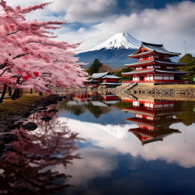 Photo aménagement d'un temple japonais traditionnel avec porte rouge traditionnelle cerisier en fleurs du mont fuji