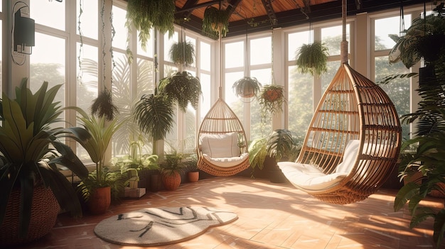 Amenez l'extérieur à l'intérieur avec une véranda d'inspiration tropicale avec des fenêtres du sol au plafond, une balançoire suspendue et une gamme luxuriante de plantes tropicales.