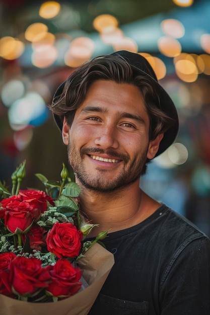 Un Américain regardant la caméra en souriant et tenant un bouquet de roses.