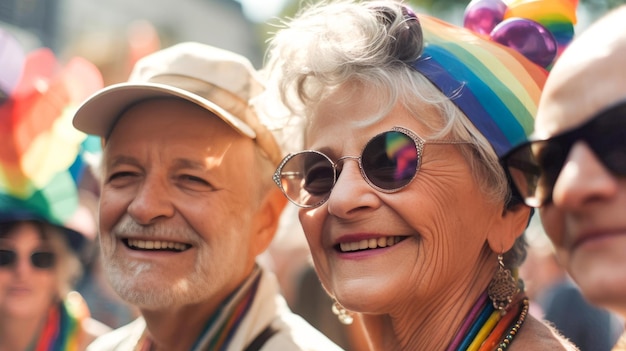 Une Américaine âgée heureuse avec des cheveux gris au défilé de la fierté gay Célébration du mois de la Fierté Drapeau arc-en-ciel LGBTQ Génératif Ai