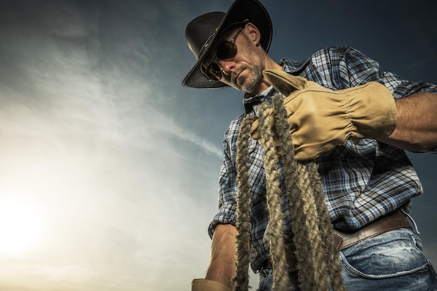 Photo american cowboy farmer avec une corde dans ses mains