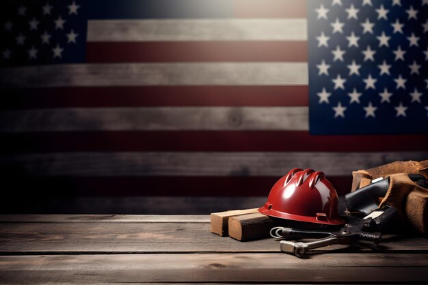 American Pride Arafed Hard Hat et outils sur une table en bois avec un drapeau américain Generative AI