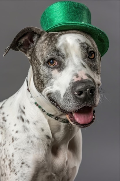 American Staffordshire Terrier en chapeau vert et chapeau haut de forme vert, photo en studio