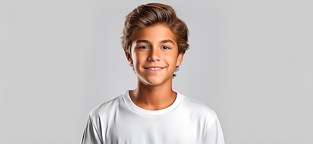 Photo american teenager boy wearing a white tshirt on a white background with copy space