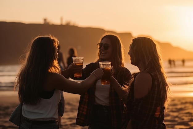 Amies acclamant avec de la bière à la fête de plage d'été du festival de musique