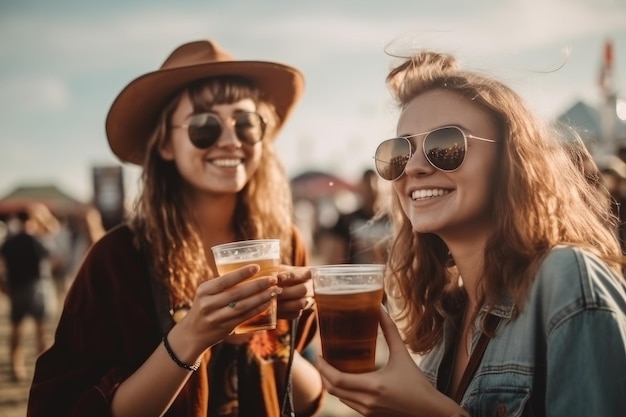 Amies acclamant avec de la bière à la fête de plage d'été du festival de musique