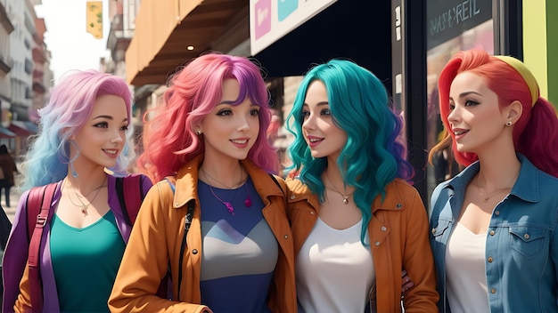 Des amies achètent ensemble des cheveux colorés et des moments joyeux en résolution 8K