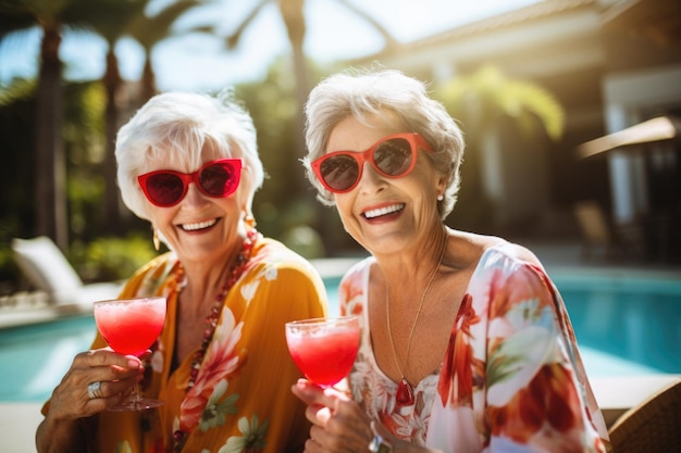 Des amies âgées boivent des cocktails pendant les vacances d'été Des femmes âgées heureuses à l'hôtel Les gens profitent de la vie dans la vieillesse