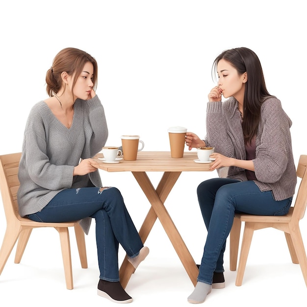 Amies buvant du café et assises à une table en bois isolée sur fond blanc Journée du café