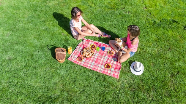 Photo amies avec chien ayant pique-nique dans le parc, filles assis sur l'herbe et manger des repas sains à l'extérieur, vue aérienne d'en haut