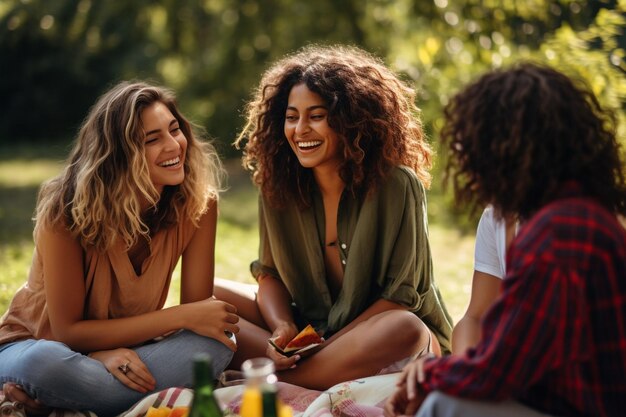 Des amies lesbiennes rient ensemble pendant une séance générative.