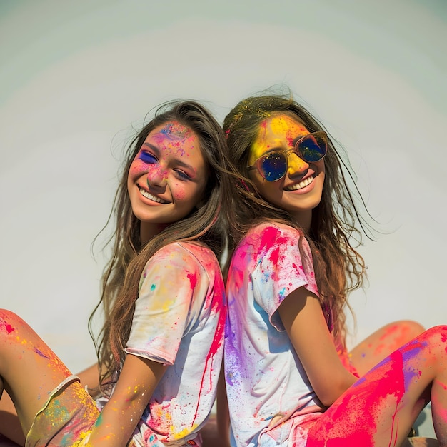 Des amies s'amusent ensemble lors d'un festival sacré avec Holi en arrière-plan