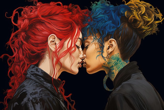 des amies s'embrassant avec des cheveux sur le visage dans le style du mouvement des arts noirs
