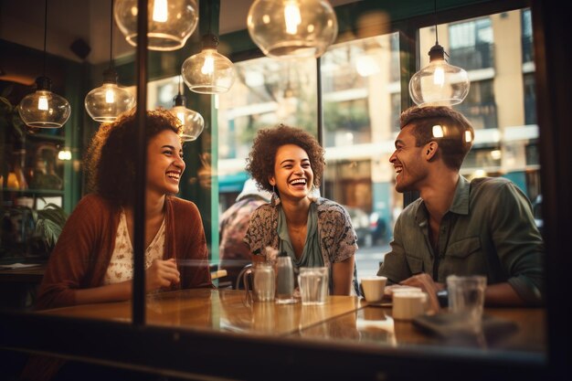 Des amies se rencontrent pour boire du café chaud et partager des histoires de vie dans un café confortable.