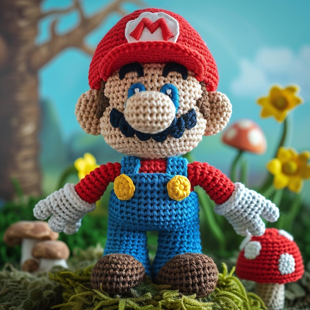 Amigurumi Mario dans le paysage coloré art du jouet à crochet à la main