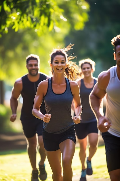 Photo des amis actifs font du jogging ensemble dans un parc pittoresque débordant de joie et d'énergie