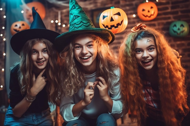 Amis adolescents en costumes célébrant et s'amusant à la fête d'halloween