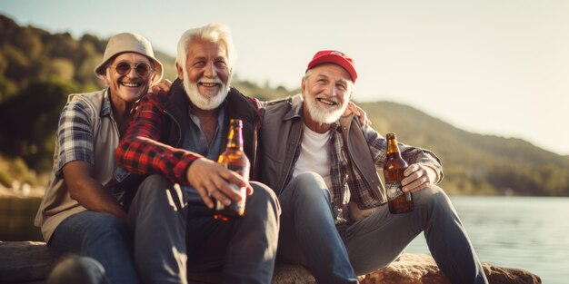 Des amis âgés grillant des bouteilles de bière près de l'eau au coucher du soleil AI générative