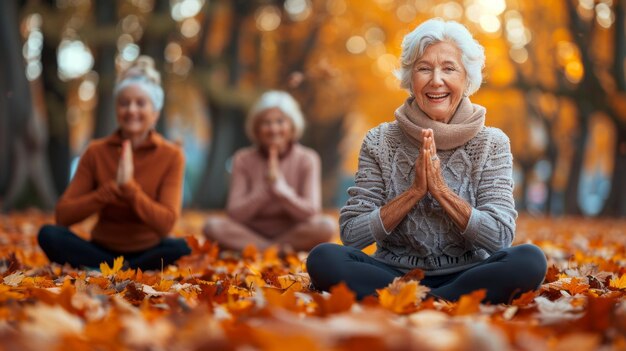 Photo des amis âgés heureux faisant du pilates dans un parc animé rient et font de l'exercice ai génératif