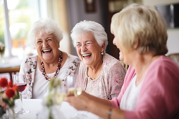 Des amis âgés rient joyeusement en prenant du thé.