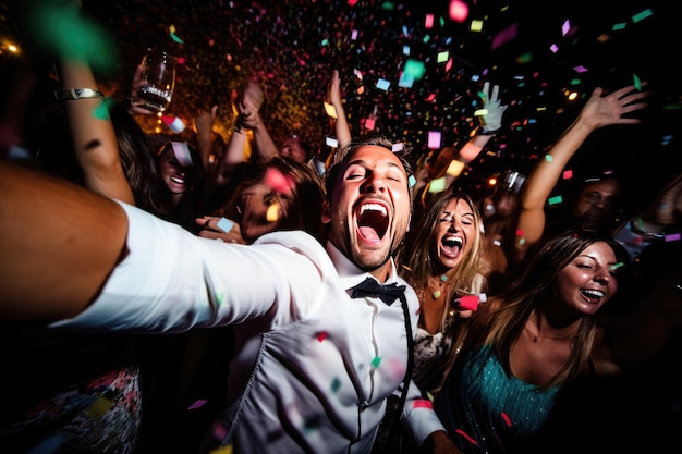 Photo des amis applaudissent dans une fête nocturne avec des confettis qui tombent