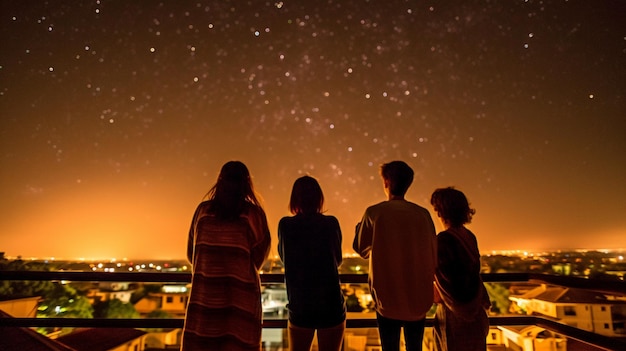 Amis appréciant le ciel nocturne tout en se tenant sur un balcon Generative AI