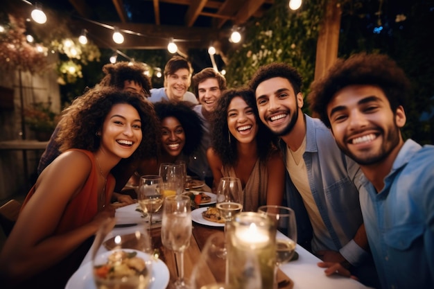 Des amis apprécient le repas et prennent des selfies lors d'un dîner dans la cour arrière