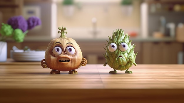 Amis d'artichaut parlant dans une cuisine de style Pixar