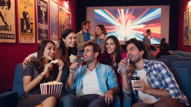 Des amis assis au cinéma à regarder un film en mangeant du pop-corn et en buvant de l'eau.