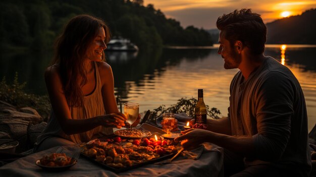 des amis assis sur la table et mangeant un repas