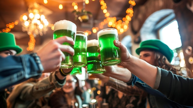 Des amis boivent de la bière verte dans un bar le jour de Saint-Patrick.