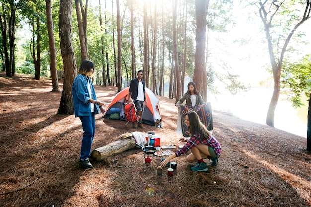 Amis campant dans la forêt