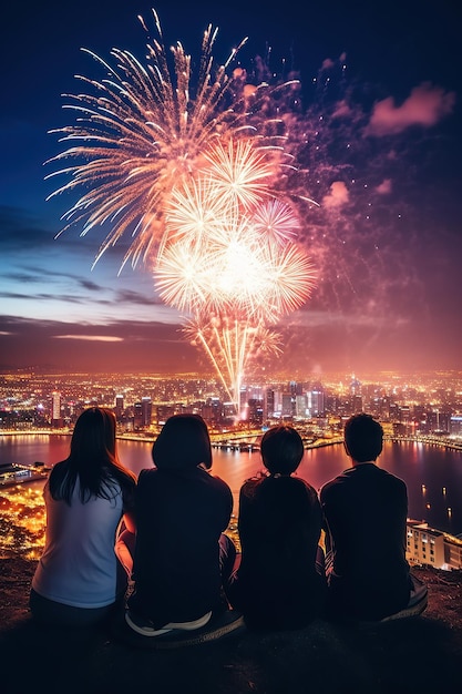 Amis célébrant les feux d'artifice du Nouvel An dans le ciel générés par l'IA