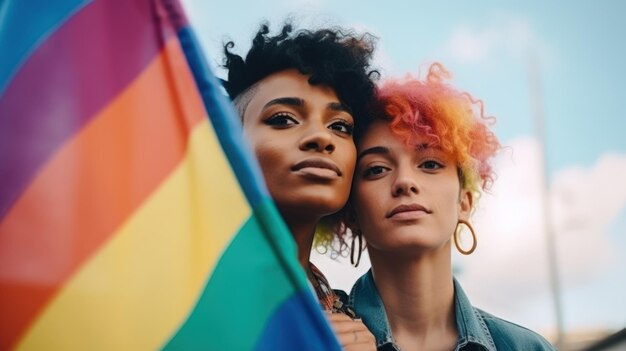 Photo des amis célèbrent la diversité et la liberté sur un drapeau arc-en-ciel généré par l'ia