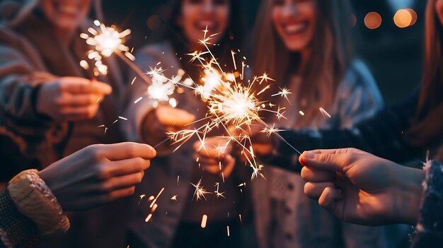 Les amis célèbrent avec des étincelles le soir du Nouvel An L'image est pleine de joie et de bonheur et elle capture l'excitation de la saison des fêtes