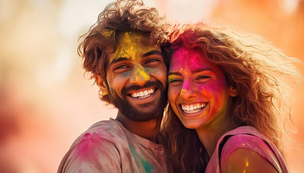 Les amis célèbrent la fête des couleurs heureux holi concept indien