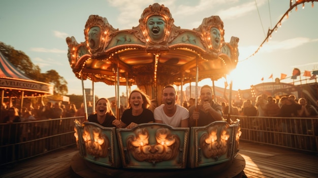 Des amis à cheval dans un parc d'attractions