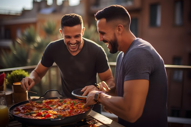 Des amis cuisinent de la paella sur une terrasse.