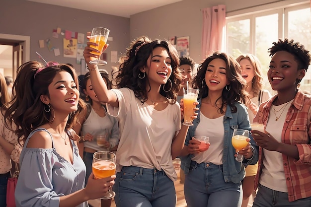 Amis dansant en tenant un verre à la fête à la maison